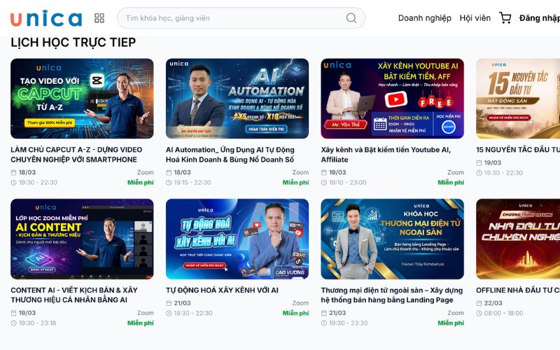 Trang web bán khóa học trực tuyến Unica