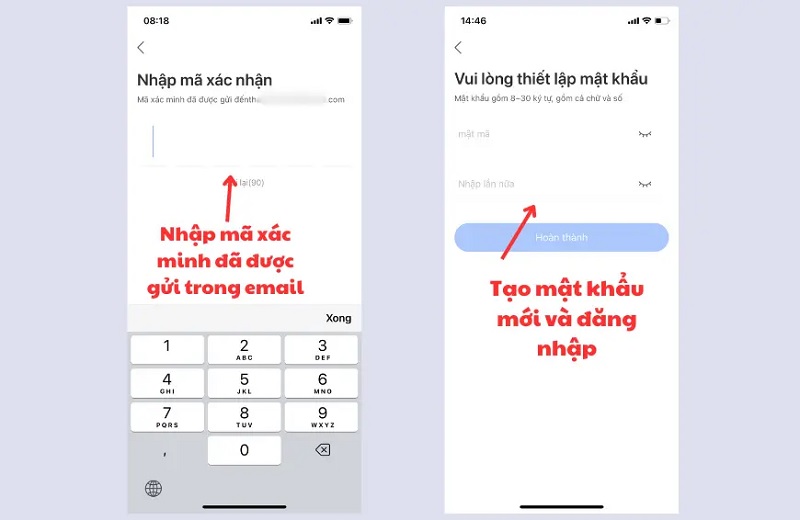 nhập mã OTP và tạo mật khẩu mới